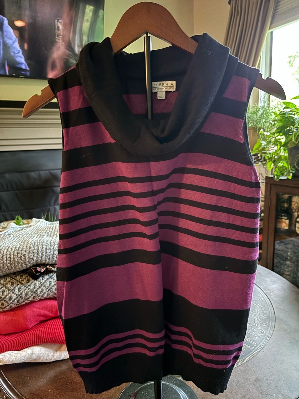 Joseph A. Sleeveless Cowl Neck Striped Sweater Dress in Purple and Black